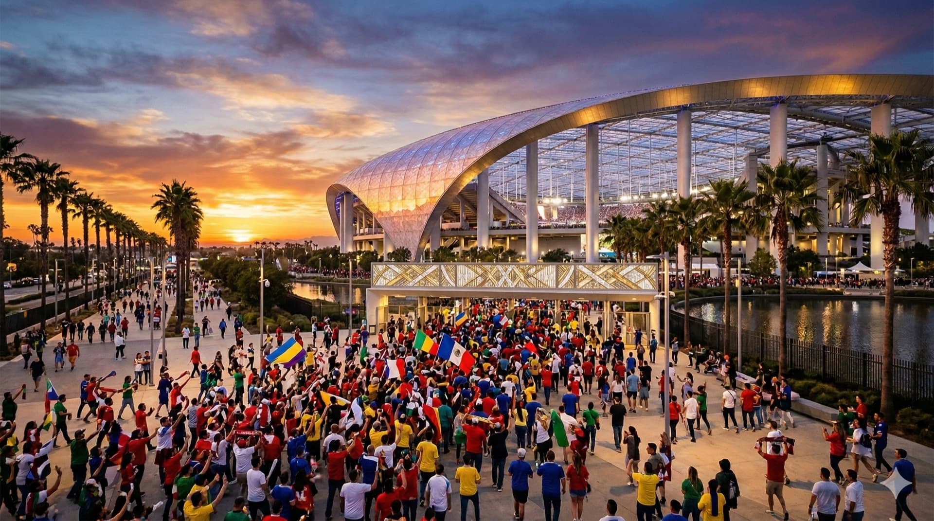 Vista cinematográfica del SoFi Stadium en Los Angeles, CA para la Copa del Mundo FIFA 2026